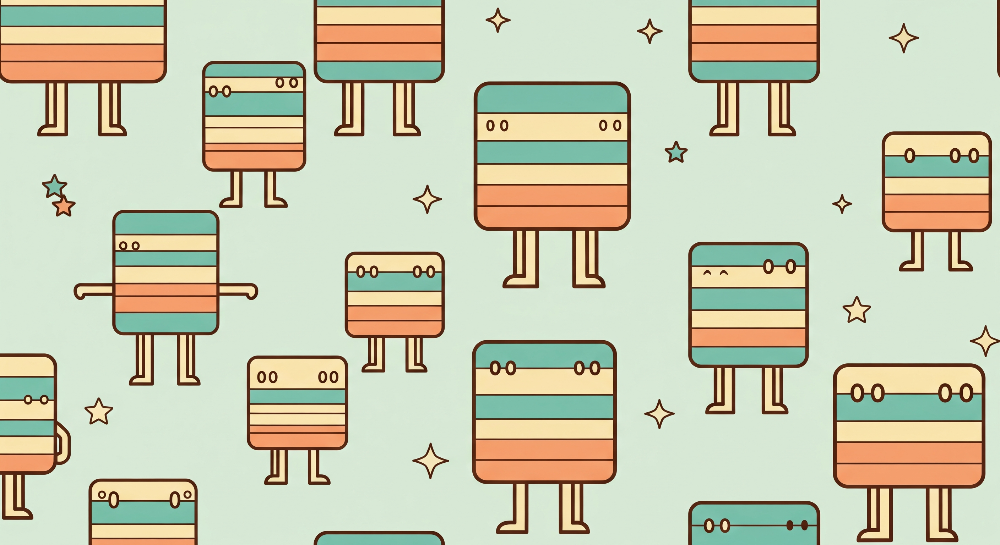 Kids-Mundo flat artwork of striped box characters and stars in teal, cream and terracotta