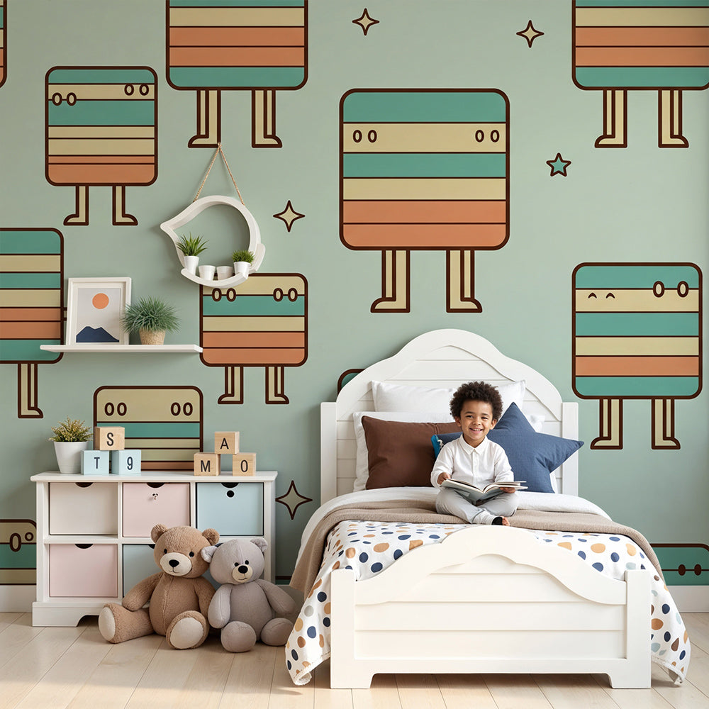 Kids-Mundo geometric striped character wall mural above a cot in a soft mint nursery