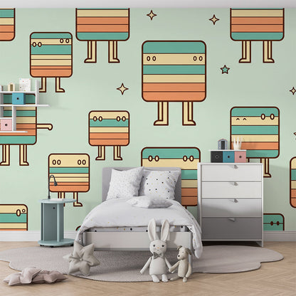 Kids-Mundo quirky striped character wall mural brightening a lively children's playroom