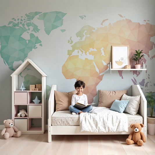 Geometric world map mural wallpaper with pastel gradients in modern nursery by Kids-Mundo