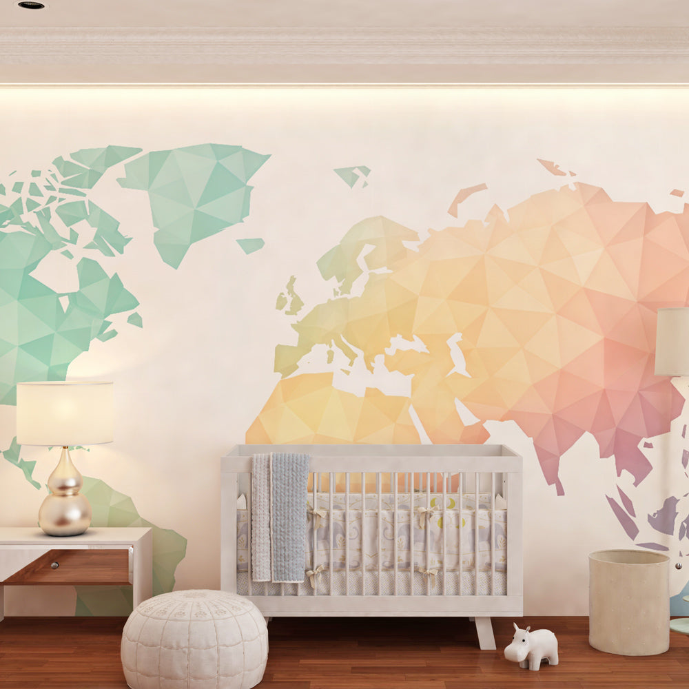 Modern geometric world map mural wallpaper in colorful kids playroom setting
