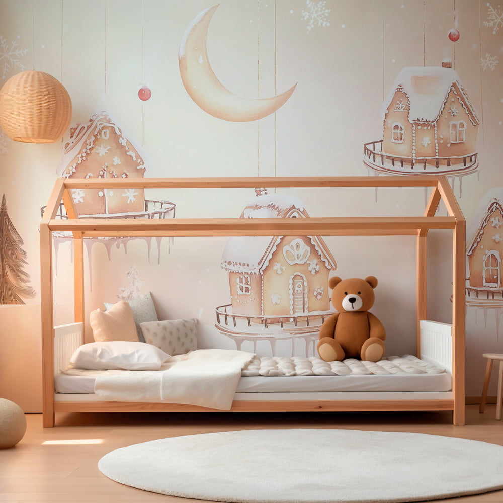 Floating gingerbread houses mural wallpaper inspiring imagination in kids playroom