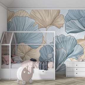 Calming blue ginkgo botanical wallpaper decorating modern children's bedroom with natural theme