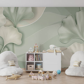 Delicate ginkgo botanical mural wallpaper in modern children's bedroom with wooden furniture by Kids-Mundo