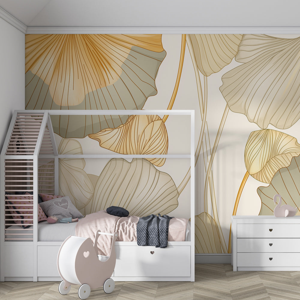 Botanical ginkgo wallpaper creating peaceful children's bedroom with beige and gold tones