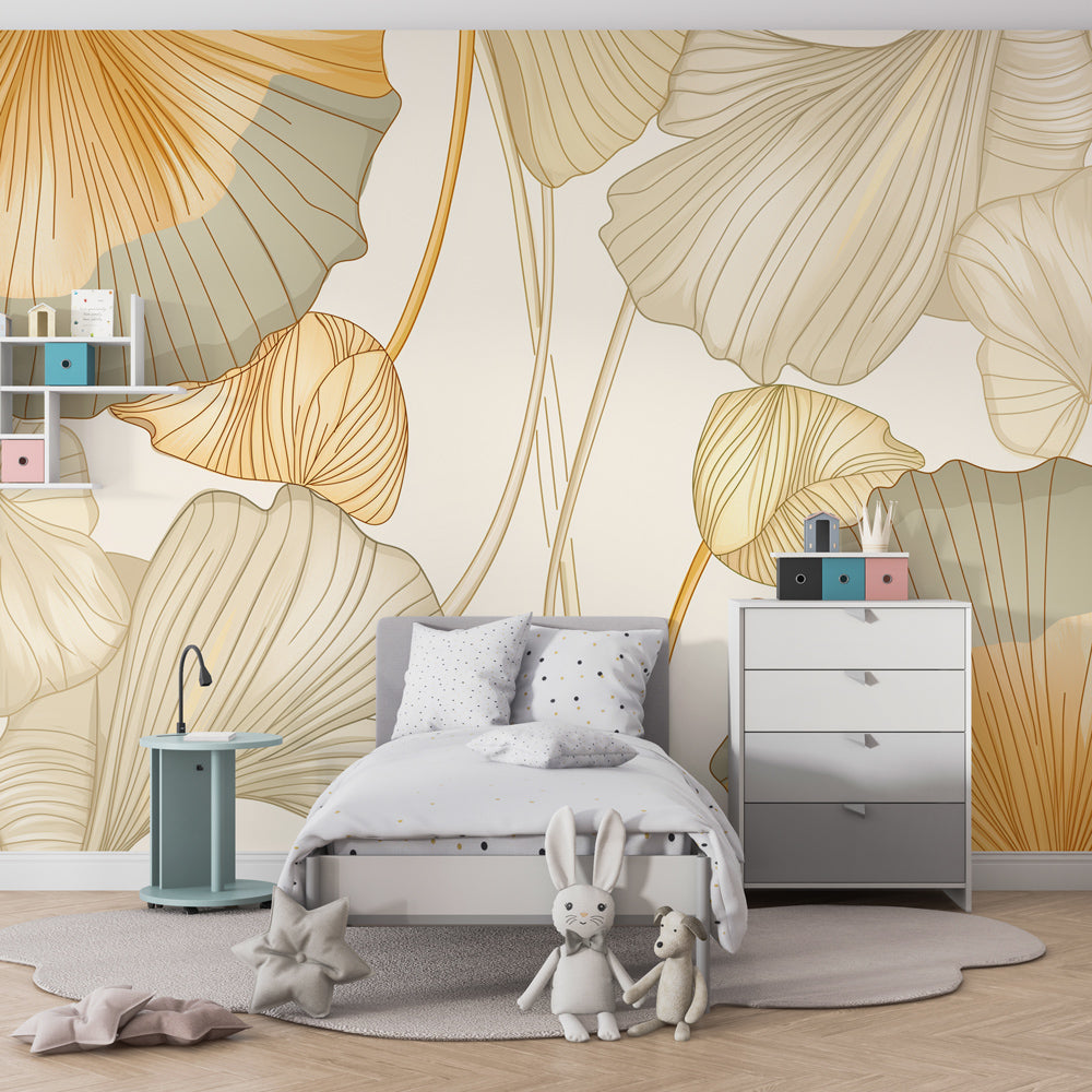 Elegant ginkgo leaf mural wallpaper complementing natural materials in kids room decor