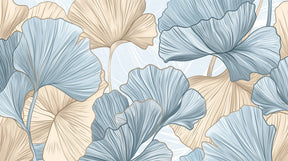 Detailed ginkgo leaves mural wallpaper design pattern in soft blue and beige by Kids-Mundo