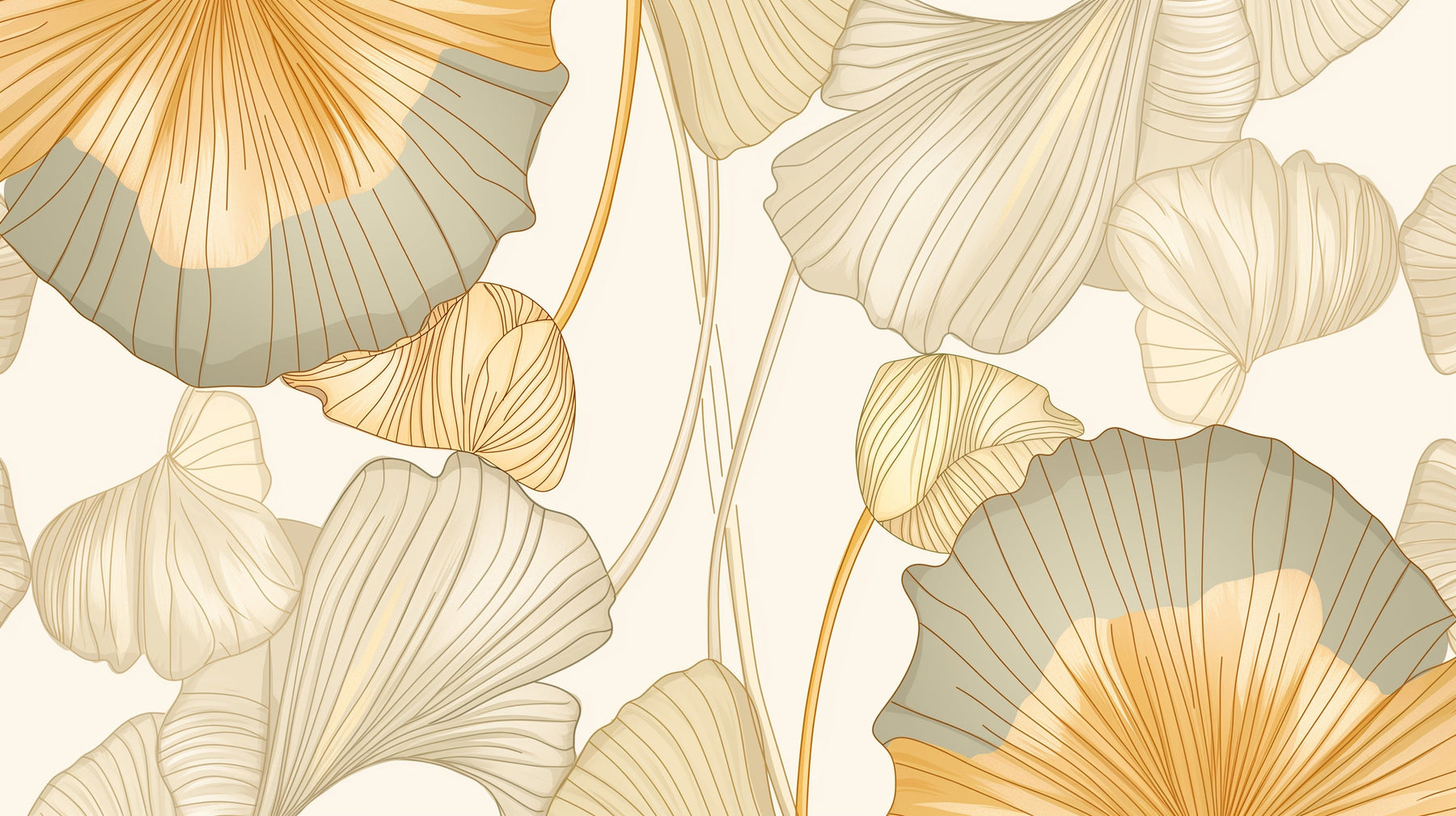 Detailed golden ginkgo leaves mural wallpaper design pattern with delicate botanical motifs by Kids-Mundo