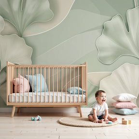 Ginkgo leaves mural wallpaper creating serene nursery decor with natural green botanical design by Kids-Mundo