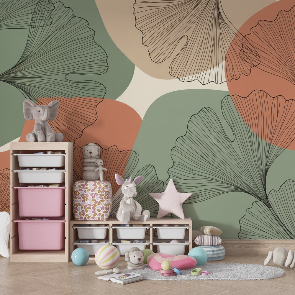 Nature-inspired ginkgo leaves wallpaper transforming kids playroom with contemporary botanical design