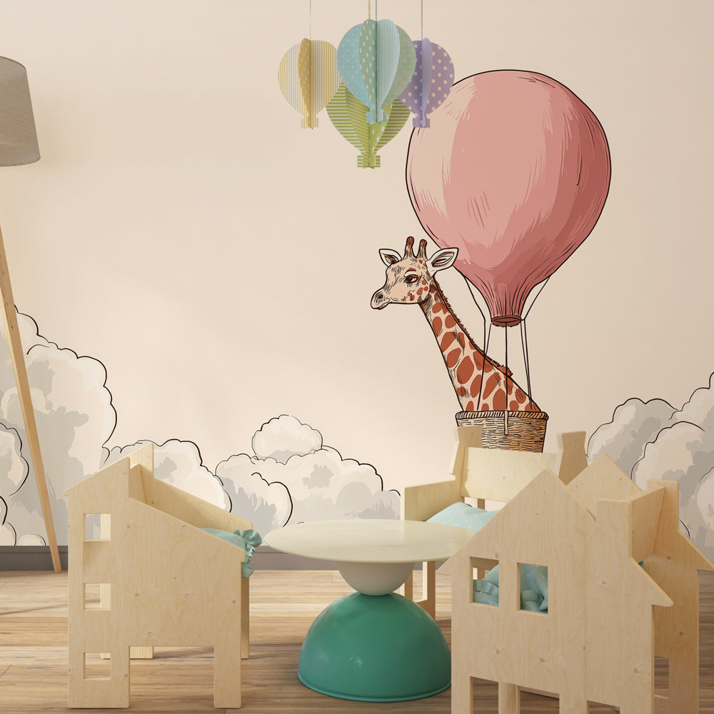 Whimsical giraffe balloon wallpaper creating peaceful nursery atmosphere with soft pastels