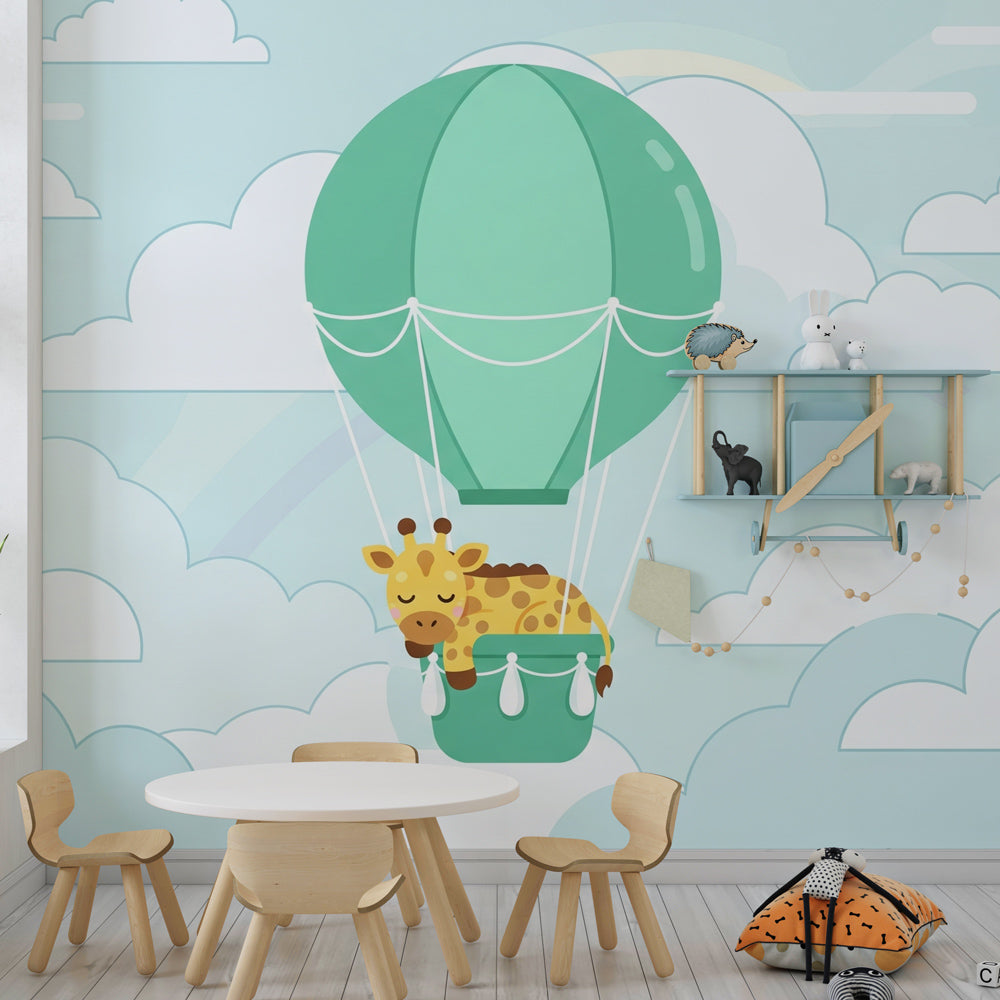 Whimsical giraffe balloon mural wallpaper transforming kids playroom into dreamy cloud kingdom