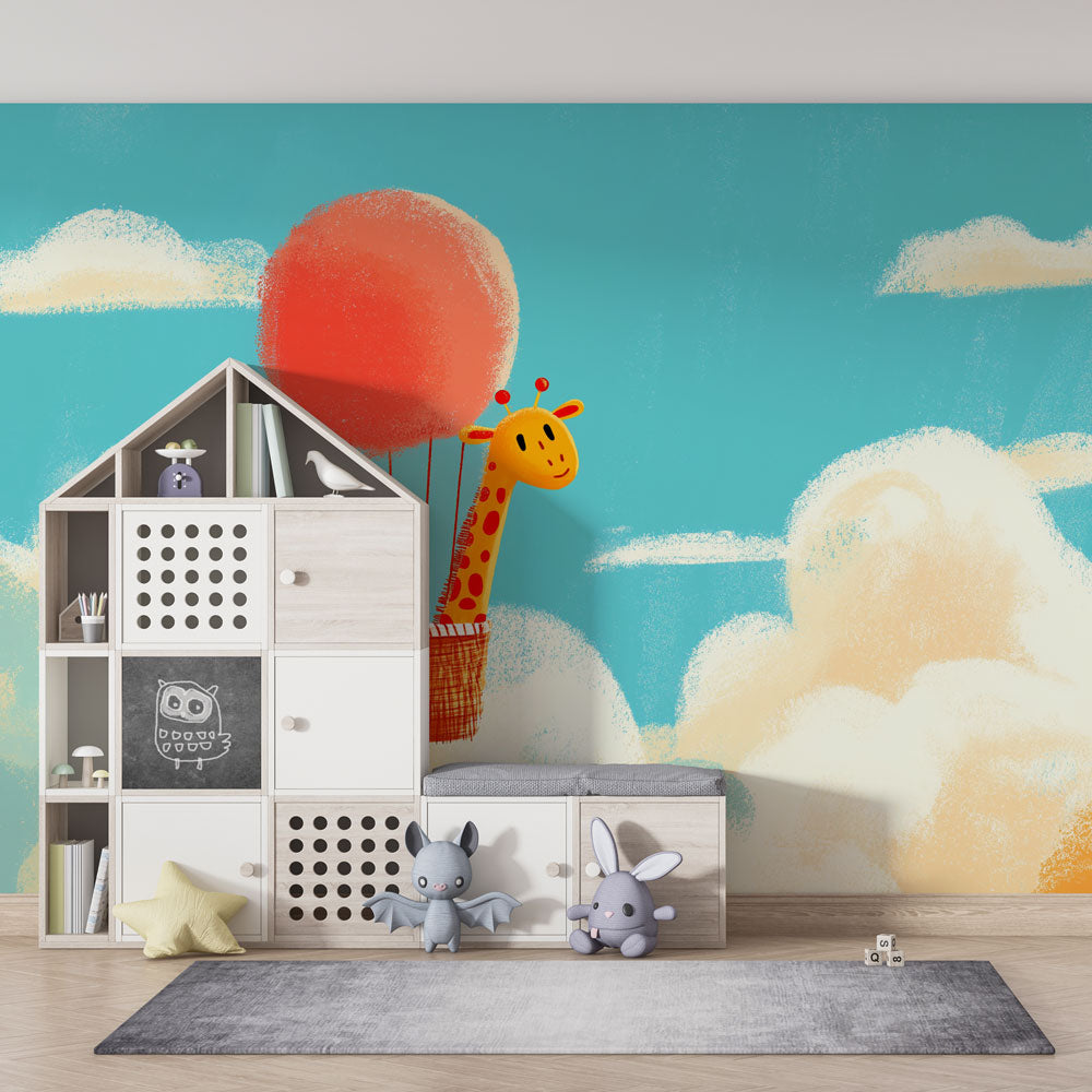 Animal themed giraffe balloon wallpaper transforming kids playroom into magical space