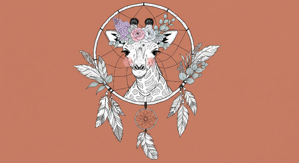 Kids-Mundo flat artwork of a giraffe inside a floral dreamcatcher on terracotta