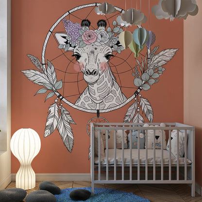 Kids-Mundo giraffe dreamcatcher wall mural in a bright, boho-styled playroom