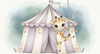 Kids-Mundo flat artwork of a baby giraffe swinging on a circus trapeze at night