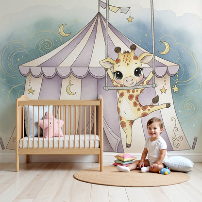Kids-Mundo baby giraffe trapeze wall mural in a soft lavender baby nursery