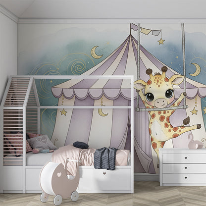 Kids-Mundo circus trapeze giraffe wall mural in a calm children's playroom