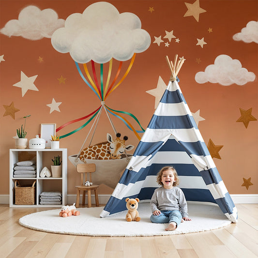 Kids-Mundo sleeping giraffe wall mural above a cot in a warm-toned baby nursery