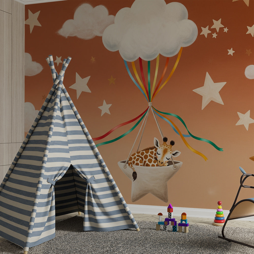 Kids-Mundo giraffe balloon mural covering a playroom wall with soft furnishings