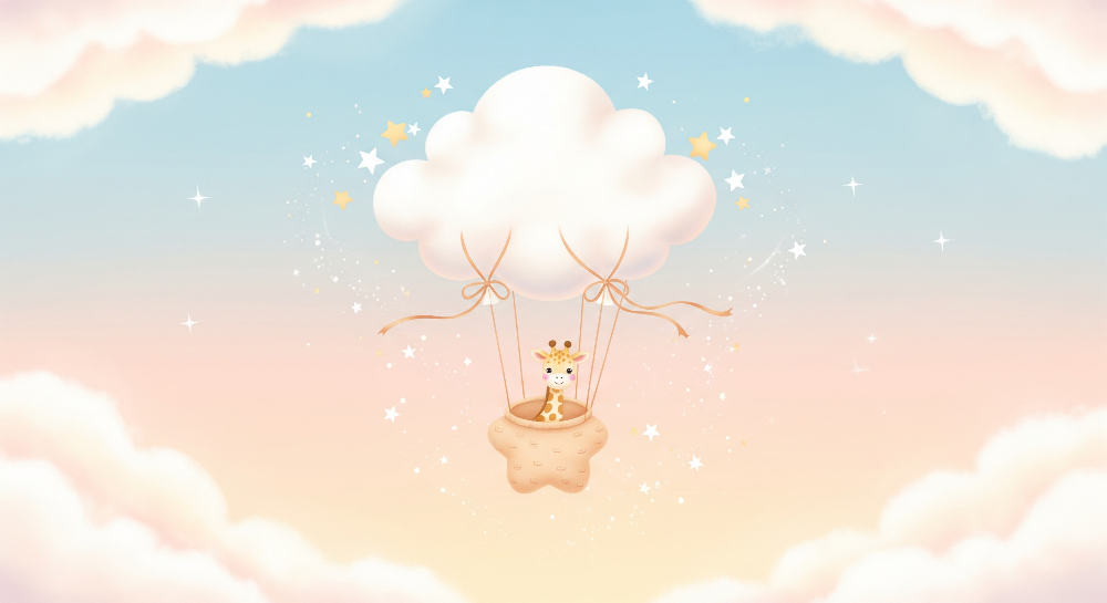 Kids-Mundo flat artwork preview of the baby giraffe cloud balloon pastel sky mural