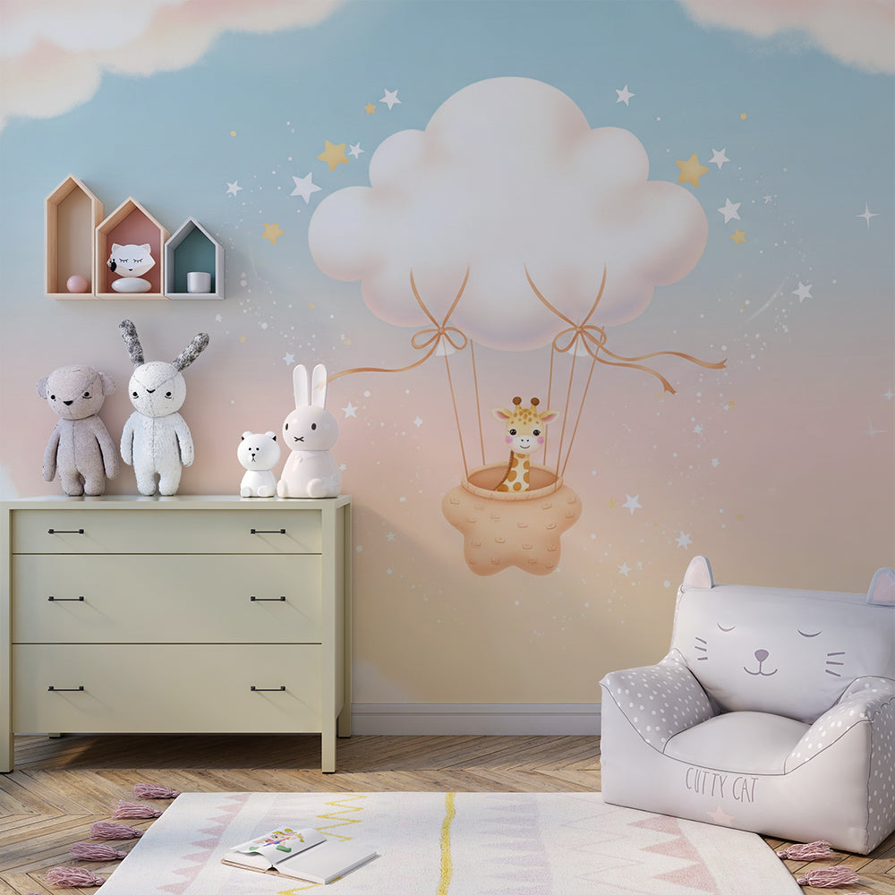 Kids-Mundo dreamy giraffe cloud mural made to measure, styled on a bright playroom wall