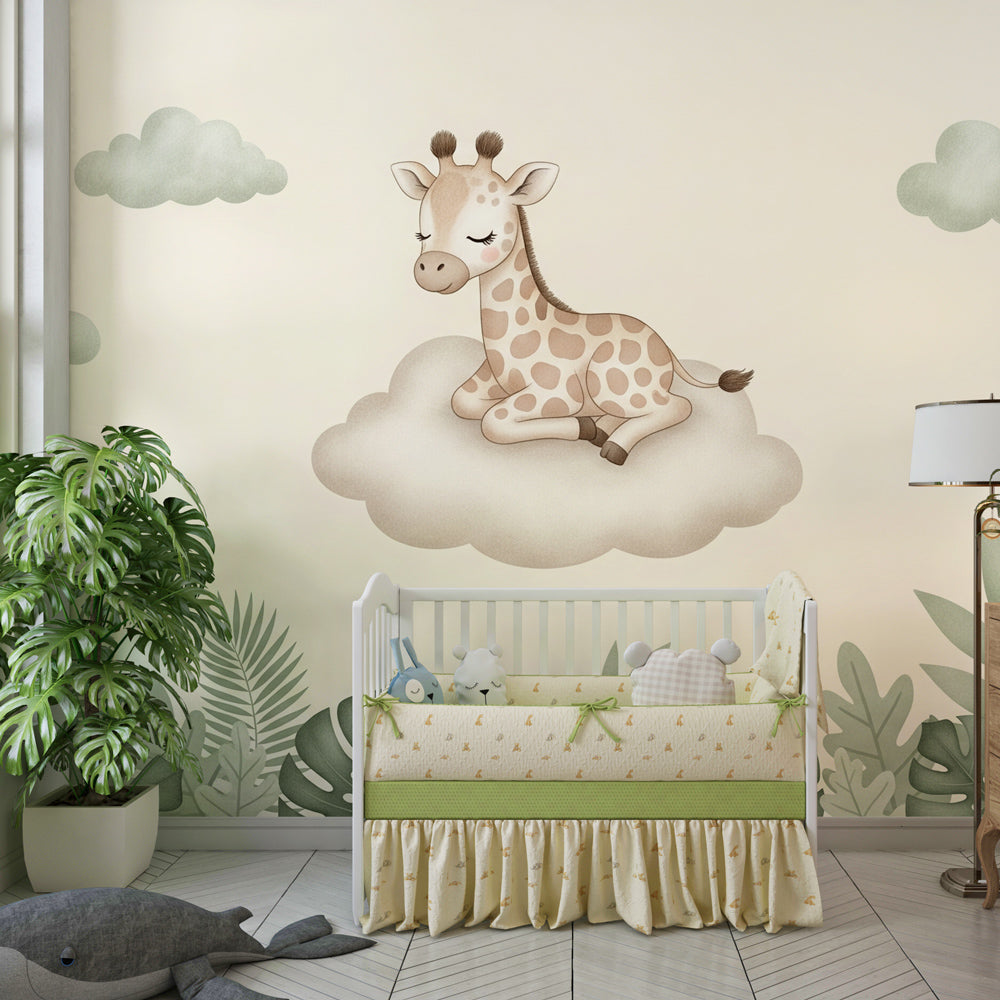 Kids-Mundo giraffe cloud mural with monstera leaves on a kids bedroom feature wall