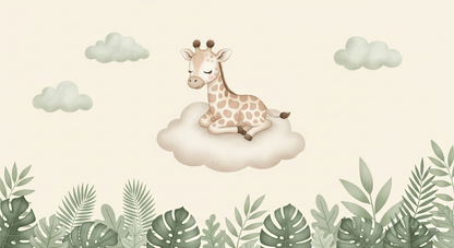 Kids-Mundo flat artwork of a baby giraffe resting on a cloud framed by monstera leaves