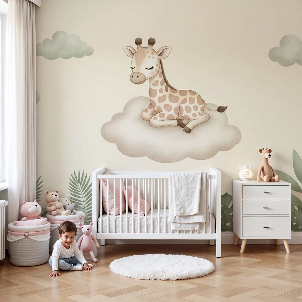 Kids-Mundo baby giraffe jungle leaf wall mural in a neutral beige nursery with cot