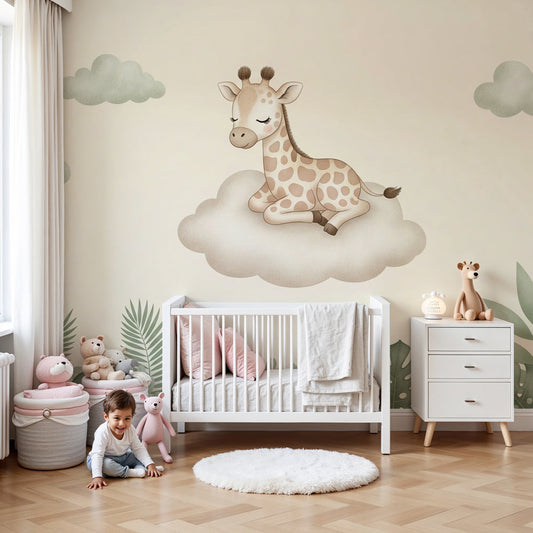 Kids-Mundo baby giraffe jungle leaf wall mural in a neutral beige nursery with cot
