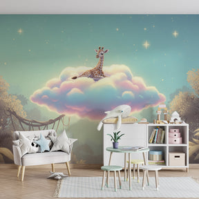 Safari giraffe wallpaper in children's bedroom with peaceful cloud design for imaginative play