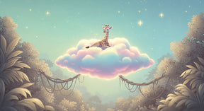 Detailed giraffe cloud safari mural wallpaper design pattern with forest and starry sky by Kids-Mundo
