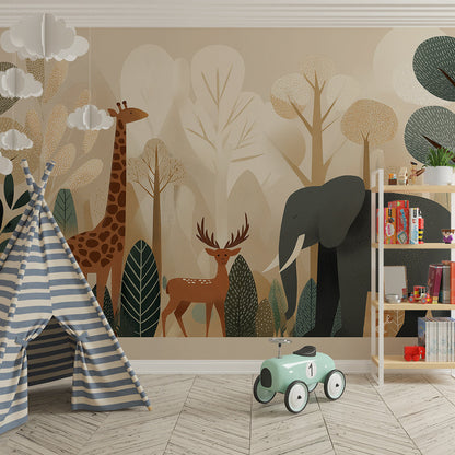 Kids-Mundo safari forest wall mural with giraffe and elephant in a kids bedroom