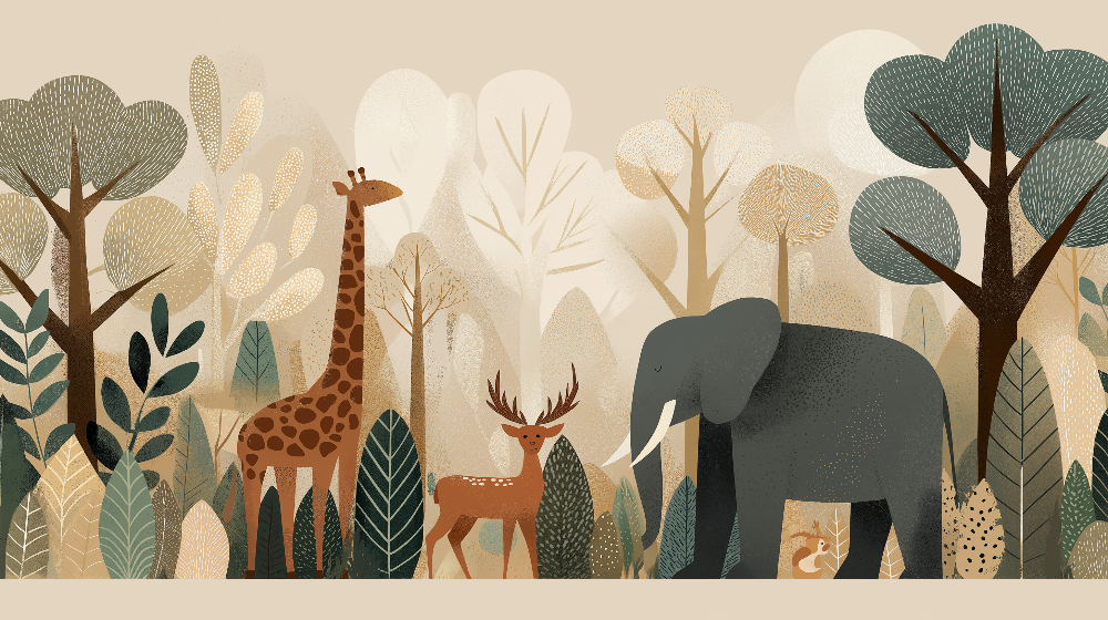 Kids-Mundo flat artwork of the giraffe, deer and elephant safari forest mural design