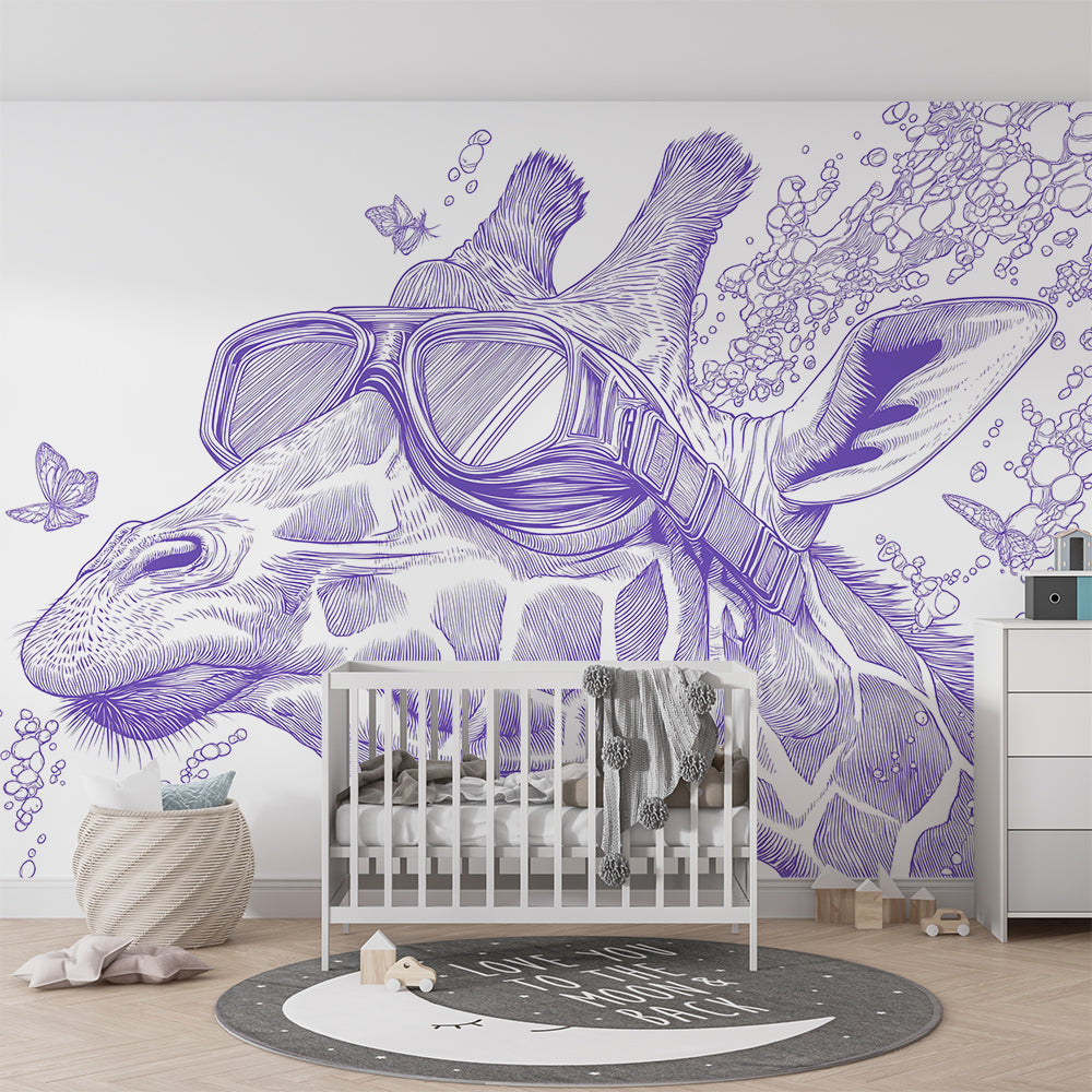 Kids-Mundo giraffe with diving goggles wall mural behind a bed in a bold kids' bedroom.