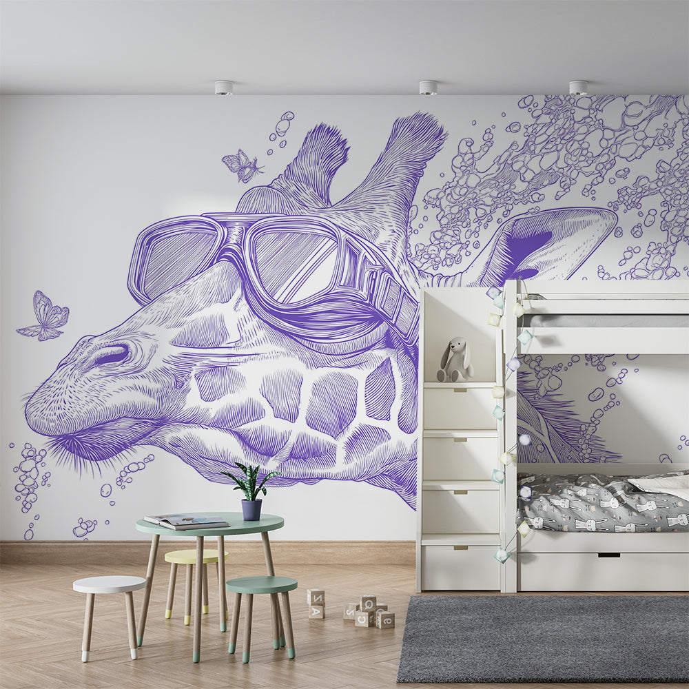 Kids-Mundo diving giraffe wall mural in a playroom with bright cushions and open toy storage.