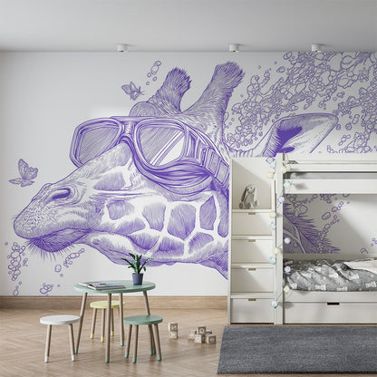 Kids-Mundo diving giraffe wall mural in a playroom with bright cushions and open toy storage.