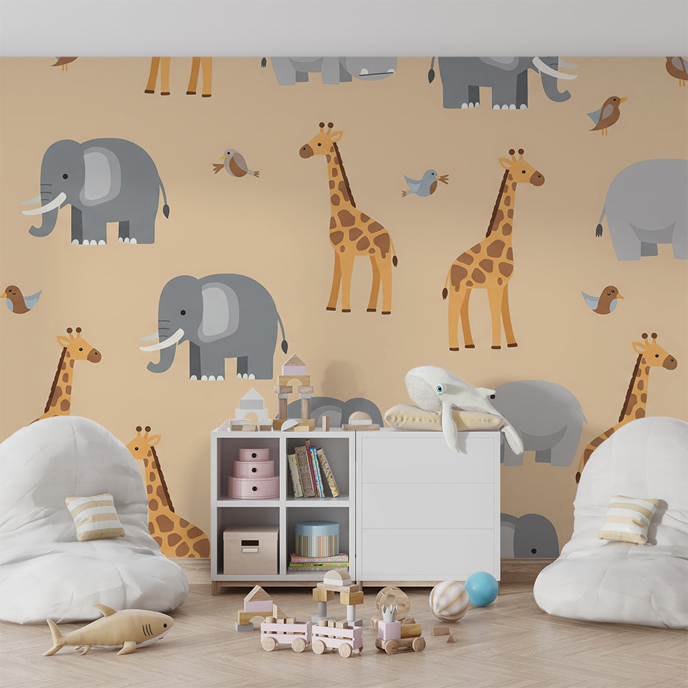 Kids-Mundo playful animal pattern mural featured in a warm kids bedroom
