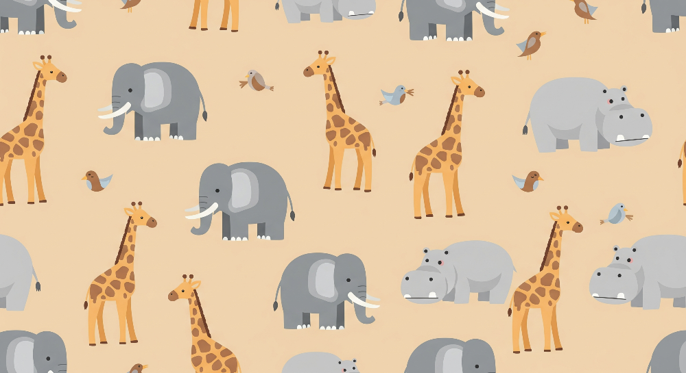 Kids-Mundo flat artwork preview of the giraffe and elephant pattern wall mural
