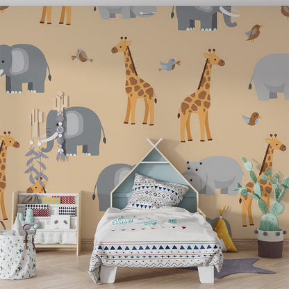 Kids-Mundo giraffe and hippo pattern wall mural brightening a kids playroom