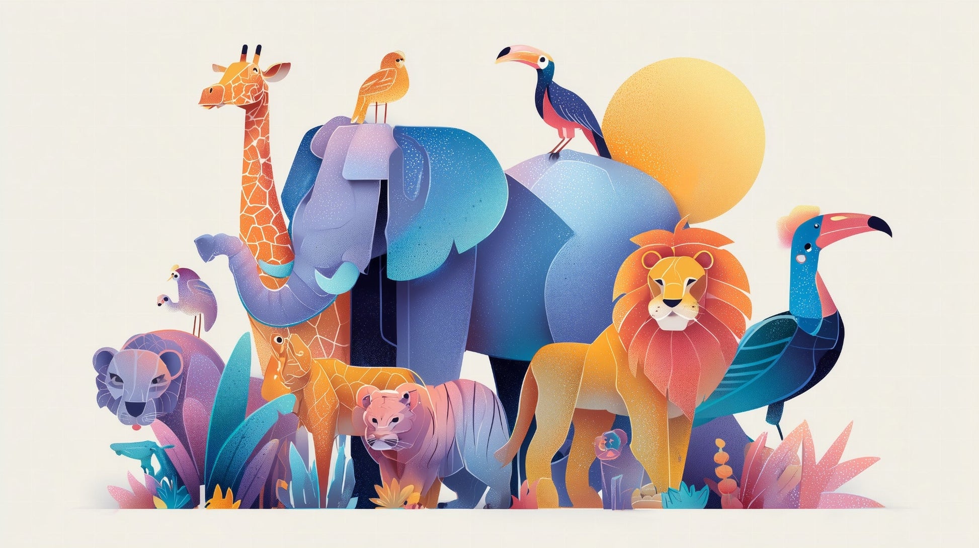Kids-Mundo flat artwork of a giraffe, elephant, lion and toucan safari wall mural design