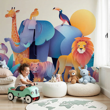Kids-Mundo safari animal wall mural with giraffe and elephant in a soft neutral nursery