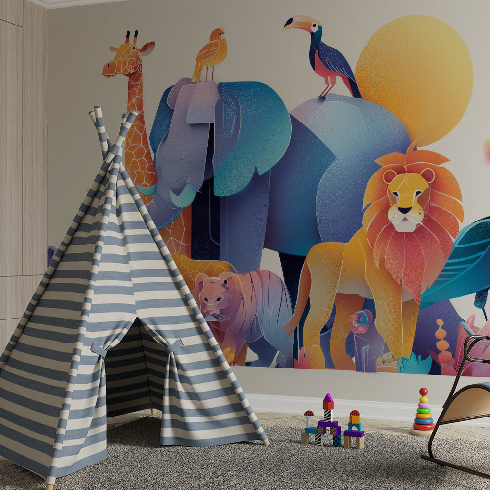 Kids-Mundo gradient safari animal wall mural brightening a playful children's playroom wall