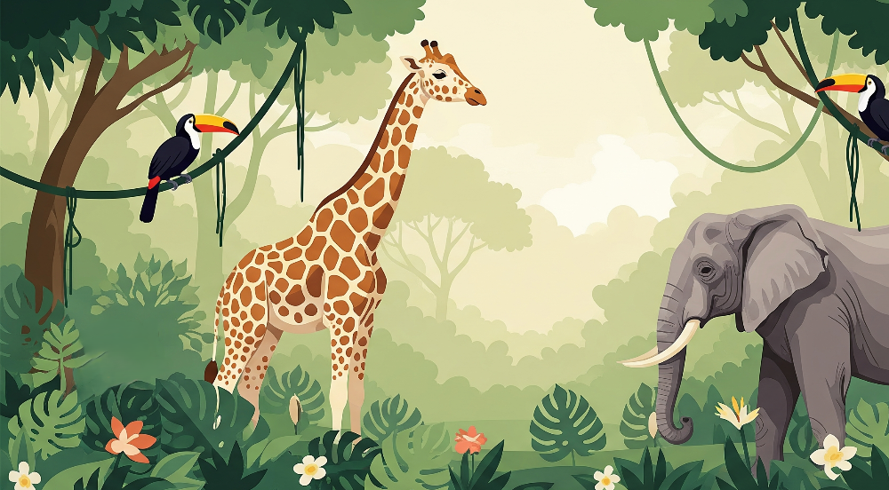 Kids-Mundo jungle animal wall mural flat artwork showing giraffe, elephant and two toucans