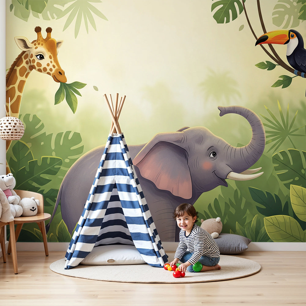Kids-Mundo giraffe and elephant jungle wall mural styled in a soft, calm baby nursery setting.