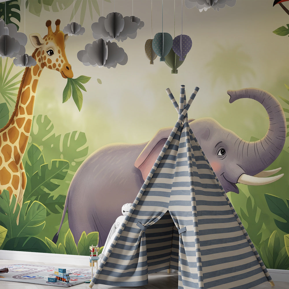Kids-Mundo jungle safari wall mural brightening a shared children's playroom wall space.