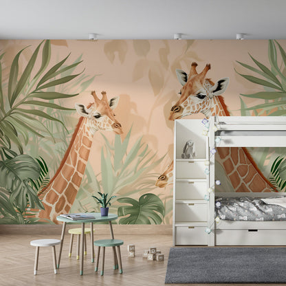 Kids-Mundo giraffe family mural bringing tropical leaves into a kids' bedroom wall