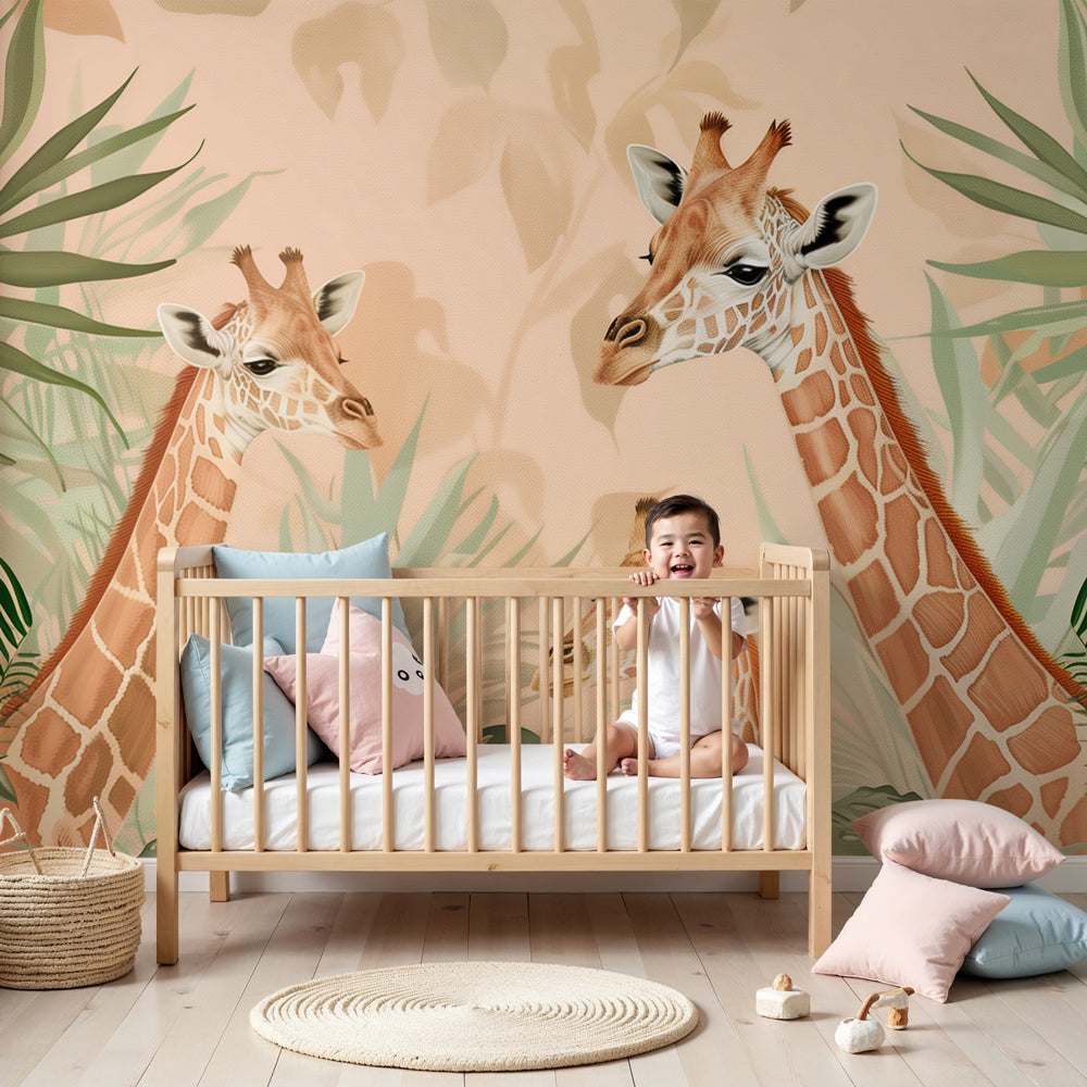 Kids-Mundo giraffe family wall mural with three giraffes in a warm, peaceful nursery