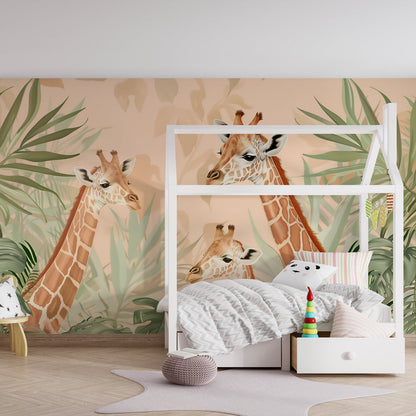 Kids-Mundo giraffe family wall mural adding a storybook jungle scene to a playroom