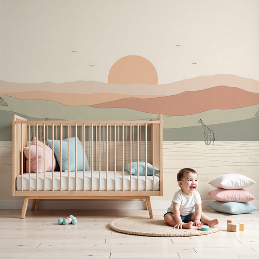 Kids-Mundo giraffe sunset wall mural printed made to measure in a soft neutral nursery